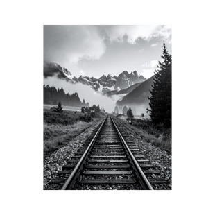 Wandbild Bahngleise in den Alpen Schwarz Weiss