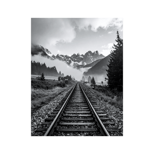 Wandbild Bahngleise in den Alpen Schwarz Weiss