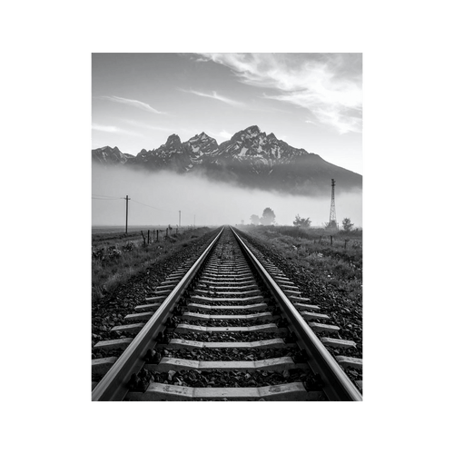 Wandbild Bahngleise in den Alpen Schwarz Weiss 2