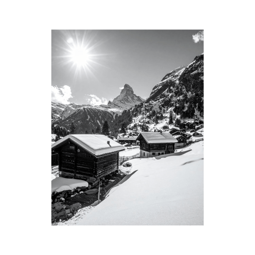 Wandbild Holzhäuser in Zermatt Schwarz Weiss